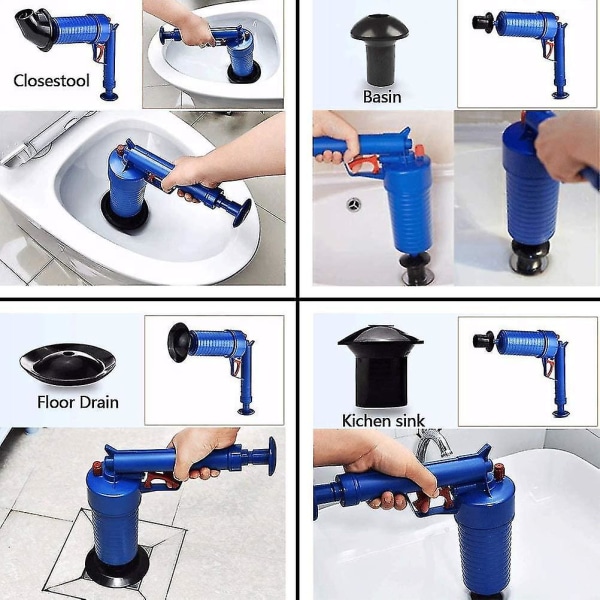 Unblocker Pipe To; Trykkluft, høytrykkspumpe med 4 forskjellige sugekopper for avløp kjøkkenvask badekar og toalett