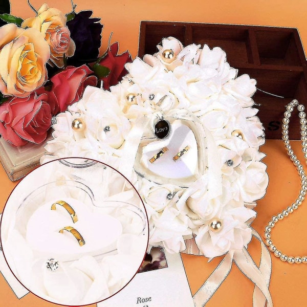 Bryllupsringpute, romantisk blonderose Bryllupshjerte Ringputepute med bånd Pearlwanan