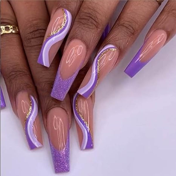 Konstgjorda Extra Långa Press-on Glitternaglar, Lila Lyxiga Falska Naglar med Akryl Fulltäckande Swirls Falska Naglar med Design Nageltips för Kvinnor & Flickor