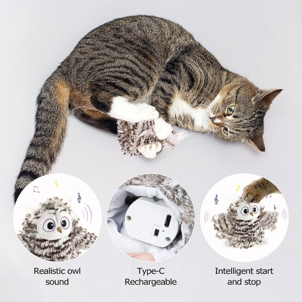 Interaktiva Fladdrande Vingar Uggla Katt Leksaker, Automatisk Kvittrande Uggla Katt Leksak Förhindrar Tråkighet Laddningsbara Vingar Flygande Fågel Katt Leksaker