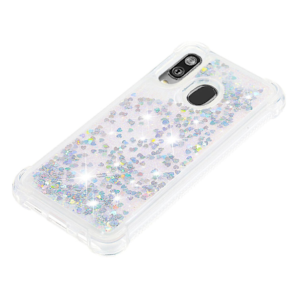 Samsung Galaxy A40 -kotelo, glitter, neste, läpinäkyvä, kimalteleva, kiiltävä, bling, kristallinkirkas, virtaava hiekka, pehmeä silikonikuori - hopea