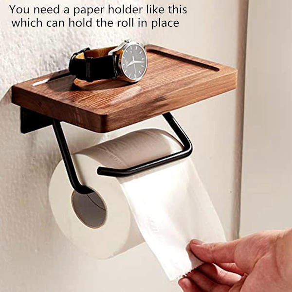 Toiletpapirholder med sort valnødhylde til badeværelse, vægmonteret toiletpapirholder