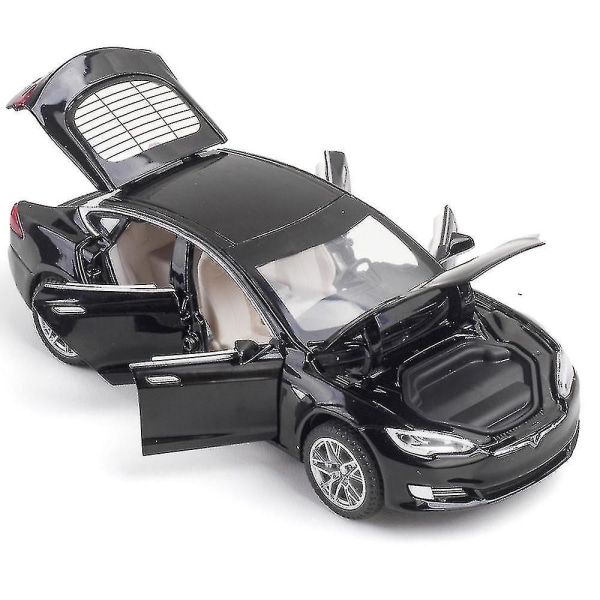 Tesla Model S -auton malli valolla ja avattavilla ovilla, musiikkisimuulaatiolla