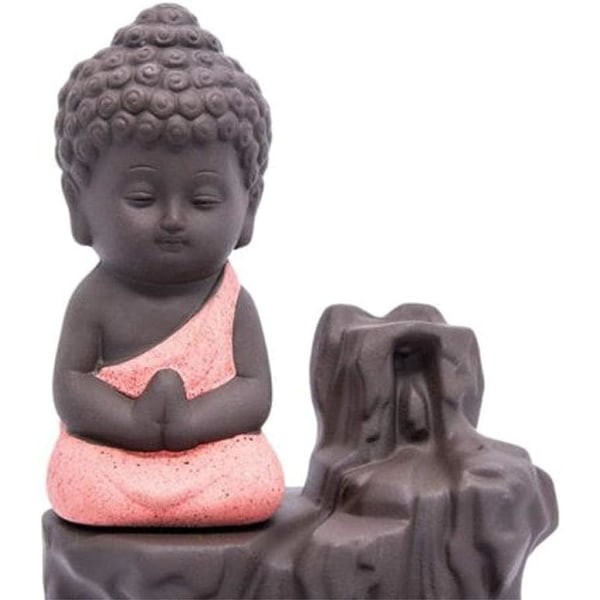 Røgelse Vandfald Tilbagestrømning Stativ Keramik, Keramisk Buddha Statue, Lille Munk Pagode, Konisk Stang Askeopsamler Med 20 Tilbagestrømning Røgelse Kegle (Rød)