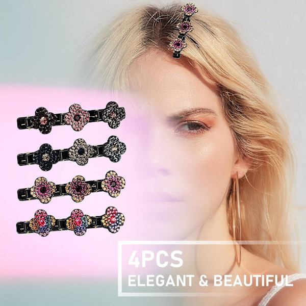4 stk. Treblomsters sidehårclips, glitrende rhinestone blomsterhårclips, hårclips til kvinner, hårinndelingsclips for kvinner og jenter