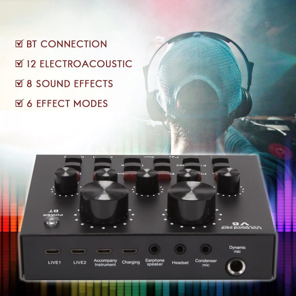 V8 Ljudkort Audio Set Interface Extern USB Live Mikrofon Ljudkort Bluetooth Funktion För Co