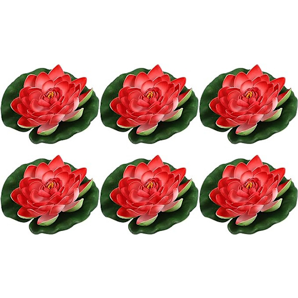 6 stk Kunstige Flytende Lotusblomster, Kunstige Lotusblomster for Hage Dammer Bassengdekorasjon, Lys Rød, 7\"