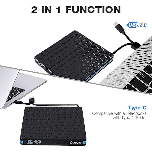 Extern DVD-enhet, USB 3.0 Typ C CD-enhet, Dubbelports DVD-spelare, Bärbar optisk brännare/skrivare/omskrivare, Hög Hastighet Dataöverföring
