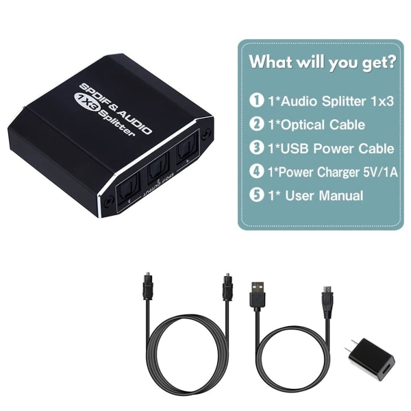 Digital optisk lydsplitter 1x3, Spdif Toslink optisk fiber lydsplitter 1 inn 3 ut aluminium
