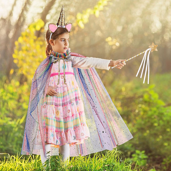 Soimiss Regnbue Kappe Enhjørning Hovedbeklædning Fe-Pind Sæt Farverig Unik Kappe & Hår & Fe-Pind Kostume Tilbehør Til Cosplay Dans Party Prom (c