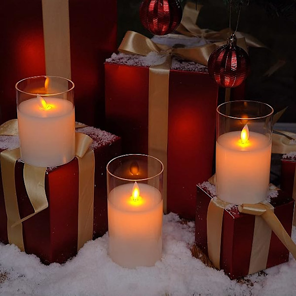 Rena vita flimmerande batteridrivna ljus, glas LED-pelarljus med fjärrkontroll och timer, rörlig låga, vax, set om 3