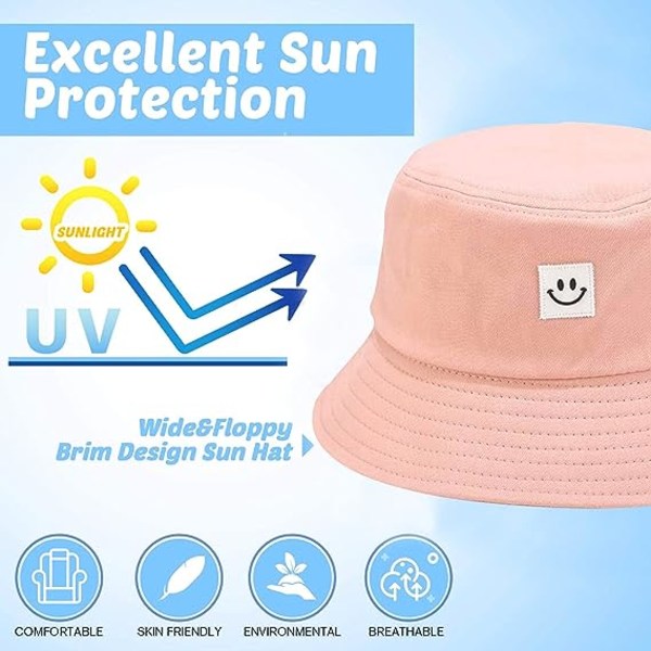 Solhatt for barn med smilende ansikt, bøttehatt for jenter og gutter, sommer solbeskyttelse bomull unisex strandlue