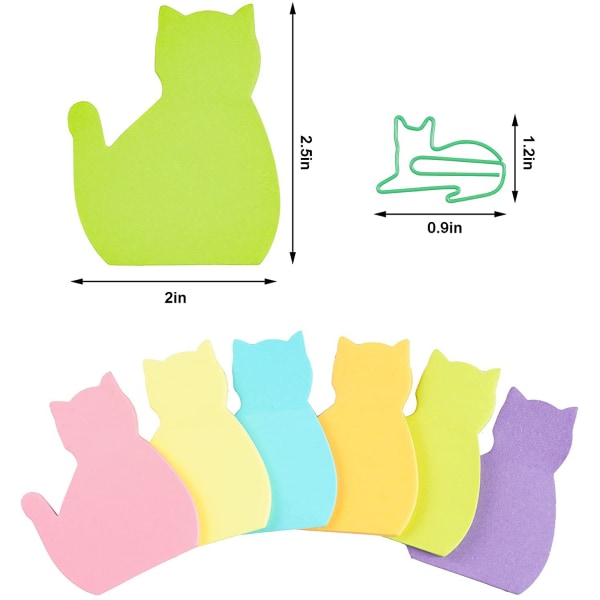 Cat Sticky Notes med Papirclips, Cute Cat Self Stick Notes Cat Index Tabs Self-stick Memo Pads 6 Pack 180 Sheets