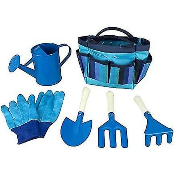 6 delers gartnerverktøysett med hageredskapsbag for barn, settet inkluderer vannkanne, hagehansker for barn, spade, rake, gaffel og B