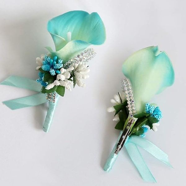 Calla Lily Blå Boutonniere Håndlaget Silkeblomst med Bånd Corsage for Brud Grooms Bryllup Fest 6 Pakker