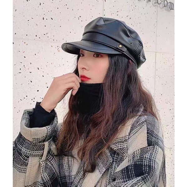 Damhatt Pu Boy Peak Beret Flat Top Läder Marinblå Hatt Japansk Retro All Match