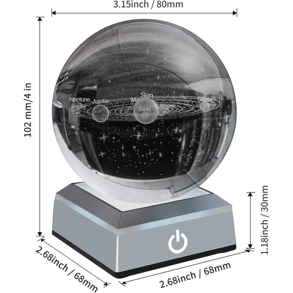 3D-solsystemmodell Kristallkula Lasergraverat hologram med upplyst basplanetmodell Vetenskap Astronomi Lärleksaker