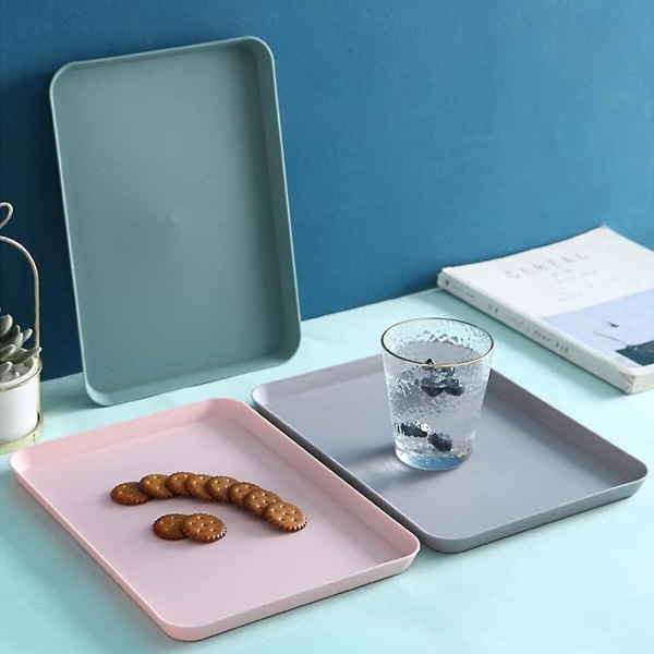 3-pack serveringsbrickor i plast, serveringsbrickor i plast, små rektangulära brickor för kök, matsal, kafé, (rosa, grå, grågrön)