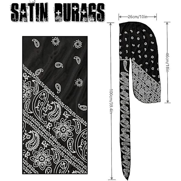 2 stk. for menn, glatt silke pustende Durags Paisley Do Rag Wave Cap med Acsergery lang gave