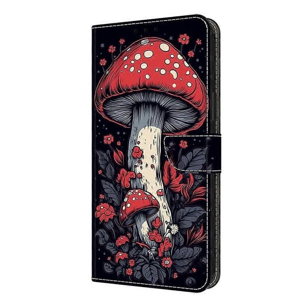 För iPhone 16e Läderfodral Mönstertryck Plånboksställ Flip Telefonfodral Red Mushroom