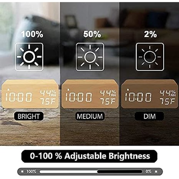 Trådlös digital väckarklocka i trä med trådlös laddning, 3 larm LED-display, ljudkontroll och snooze-funktion för sovrum, sängbord, kontor (svart)