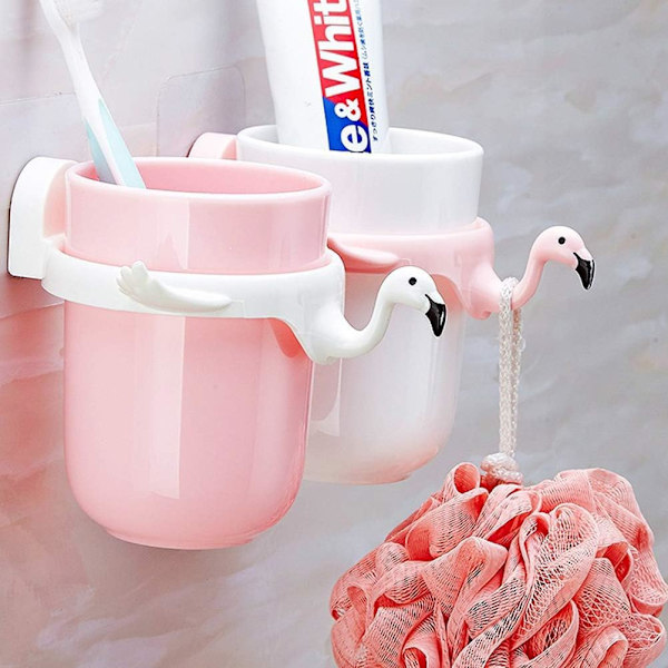 Tandbørsteholder til badeværelse, hjemmetandkrus vægophængt gargleskål Flamingo tandbørsteholder tegneserie tandbørsteholder (Pink)