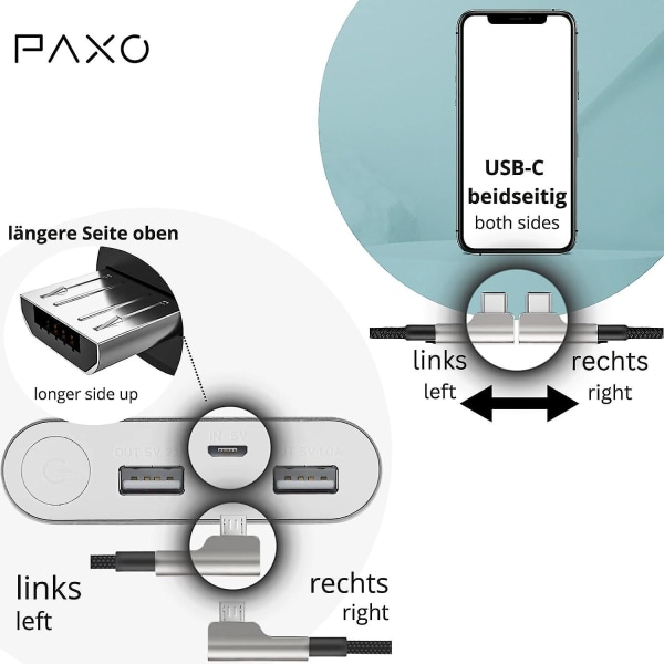 0,3m OTG USB-forbindelseskabel, E-cykel Kiox, Yamaha, Micro USB til USB-C kabel (lader USB-C enheder), 90 graders vinkel stik, data C