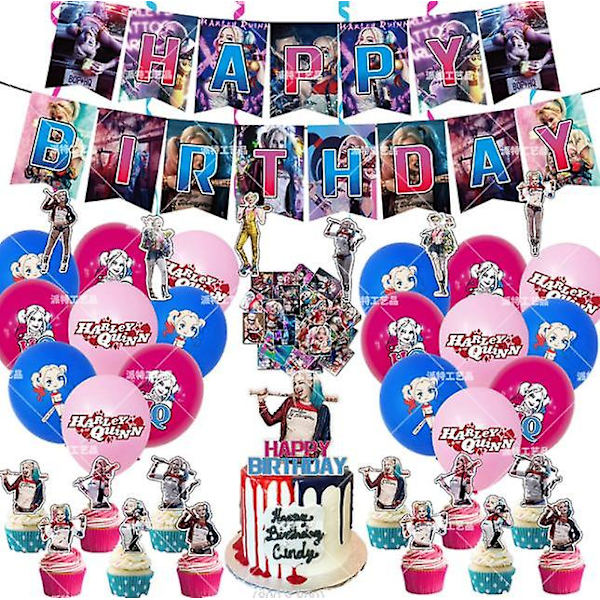 Harley Quinn -syntymäpäiväpakkaus: Pakastetut ilmapallot, lateksipallot, lippu ja kakun koristeet juhliin