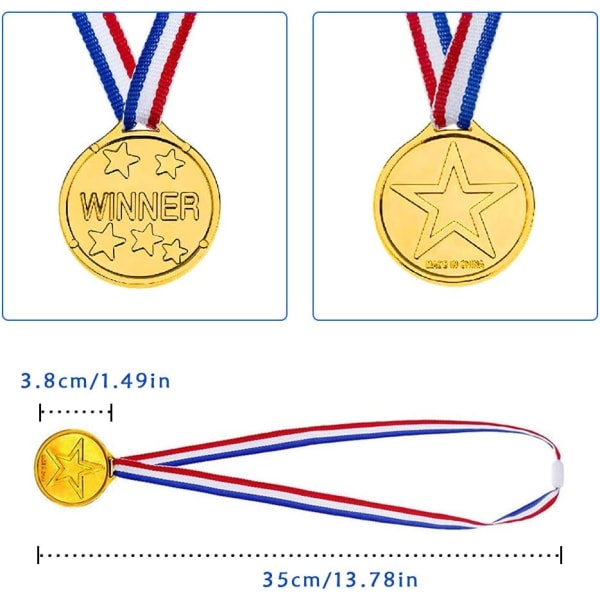 Gold Winner Medals 12 Pieces, Kids Children's Plastic Winner Award Medals Olympic Style Medal with Neck Ribbons, Personalised Party Favors Medals for