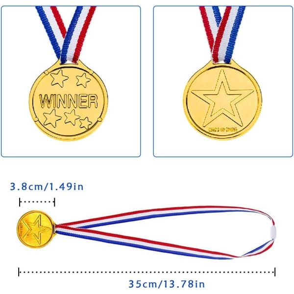 Guldvindermedaljer 12 stykker, børnebørns plastikvinderprismedaljer olympisk stilmedalje med halsbånd, personlige festmedaljer til