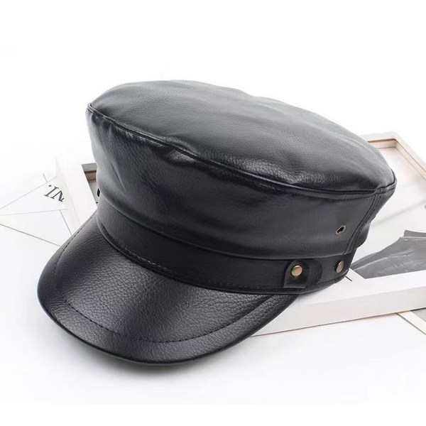 Damhatt Pu Boy Peak Beret Flat Top Läder Marinblå Hatt Japansk Retro All Match
