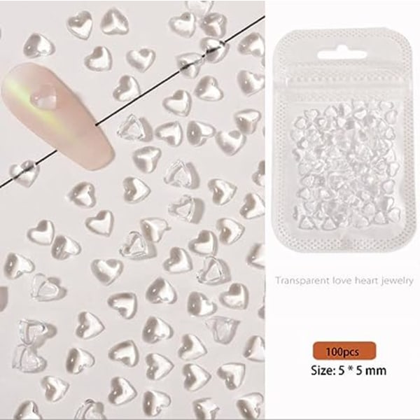 200 stk Clear Heart Nail Art Charms, 3D Mixed Size Love Hearts Rhinestones Flat Jelly Resin Krystallsmykker Diamanter for Akryl Nail Supplies, Kvinner