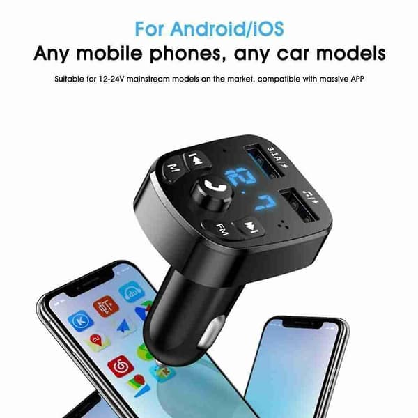 Kit for bil FM-sender med Bluetooth 5.0, hurtig billader med Qc3.0, dobbel USB-voltmeter