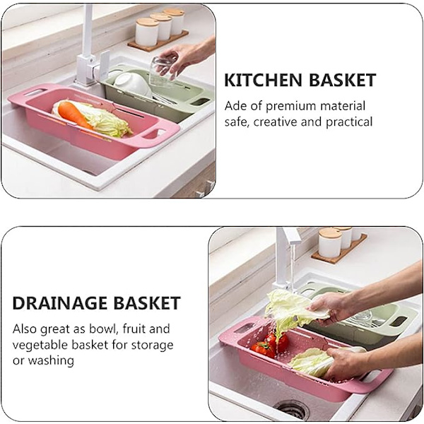 Diskho frukt och grönsakssil, hopfällbar justerbar sil, multifunktionell utdragbar över diskbänken, diskställ för grönsaker och frukt, sil, korg för Ki