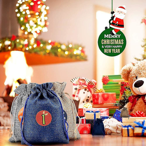 24 Adventskalendere til at fylde, Julegaveposer, Stofposer med 1-24 Advent