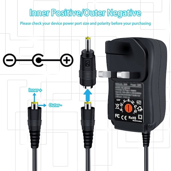 30W Universaali Virtalähde, Dalugo 3V 4.5V 5V 6V 7.5V 9V 12V 2A AC/DC Kytkentävirtalähde Latauslaite 8 Adaptorin Kärjellä 3V-1