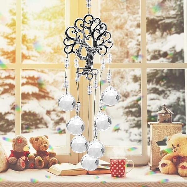Klart glas Krystalkugle Prismer Suncatcher Livets træ Vindueshængende ornament Rainbow Maker hængende ornament Krystalhavevedhæng til hjemmehave