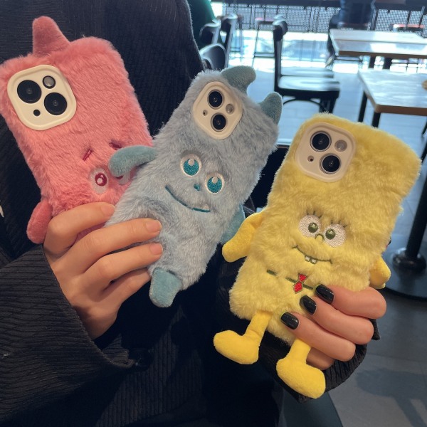 Fluffy-deksel til iPhone 13 for jenter, tenåringer, barn Kawaii tegneserie 3D-dyr Fuzzy Furry Varm plysj vinterveske Myk silikon Støtsikker beskyttelsesveske Co