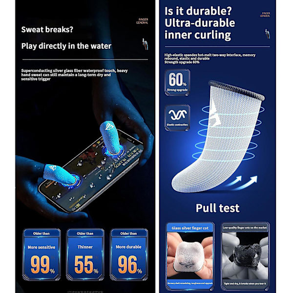 Gaming Finger Sleeves Kompatibel - för mobilspel 0,25 mm glas silverfiber sömlös tumfingertoppsskydd för Pubg/cod/lol/ros