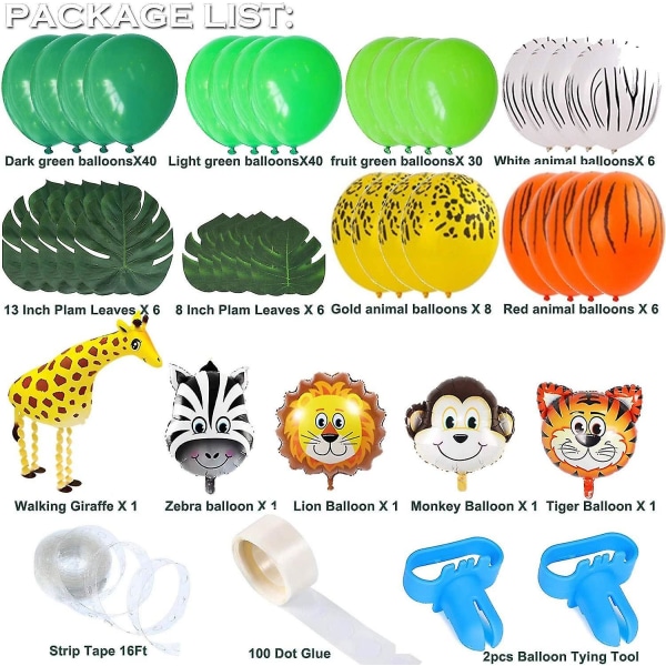 Jungle Safari temafest ballongkranssett, 151 pakke med dyreballonger og palmer