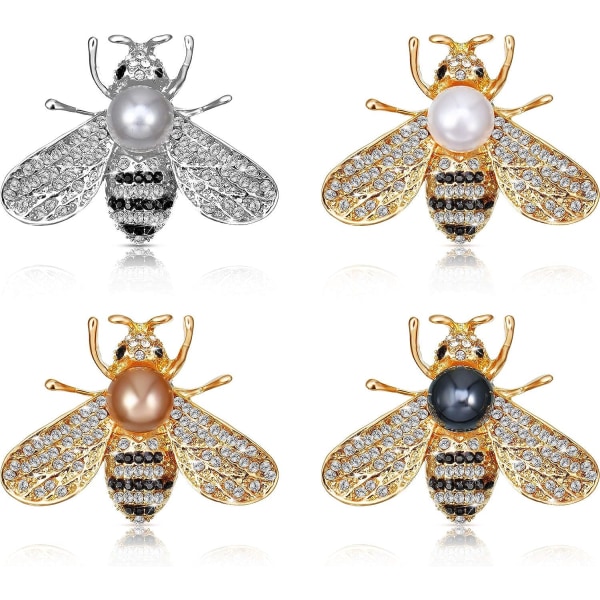 4 delar Honey Bee Brosch Lapel Pins för kvinnor Kristall Insektstema Bee Broscher med Faux Pearl Modepresent för födelsedag Dating Party Jubileum