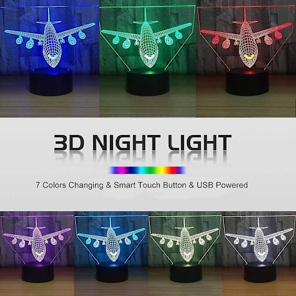 Flygplan Nattlampa 3d Illusion Lampa 7 Färgväxlande Touchkontroll Med Usb Kabel Led Bordskrivbordsdekoration Lampor Jul Födelsedagspresenter