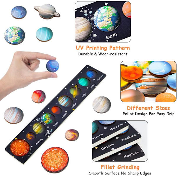 Montessori Träleksaker för 3-åriga pojkar och flickor, Träpussel med Solsystemet för småbarn, Lärande Utbildande Rymdleksaker för småbarn Planetleksak