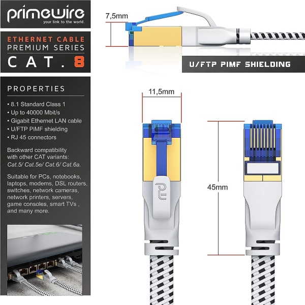 - 10m - Cat.8 Flat Ethernet-kabel - 8.1 Standard - Lan-nettverkskabel - 40000 Mbits - Patch-kabel - Pimf -