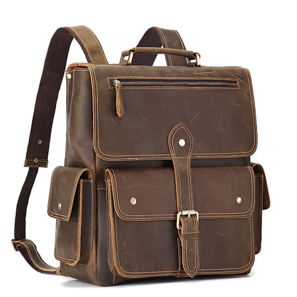 Ryggsäck Herr Crazy Horse Läder Retro Ryggsäck Stor Kapacitet Resväska Skolväska Datorryggsäck Herr 6587 Brun