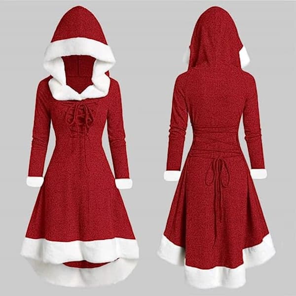 Retro Dam Vinter Jul Långärmad Patchwork Hooded Party Klänning L