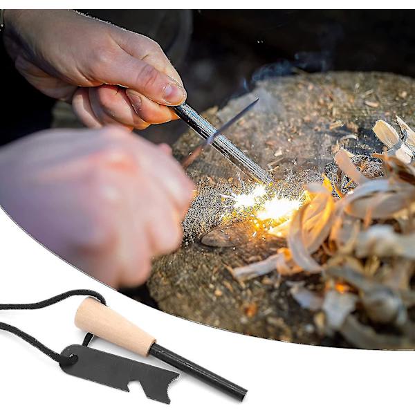 Sett med 2 flint og stål, flintstål overlevelsessett for bushcraft, magnesiumstang brannstartersett med håndlaget trehåndtak, 20 000