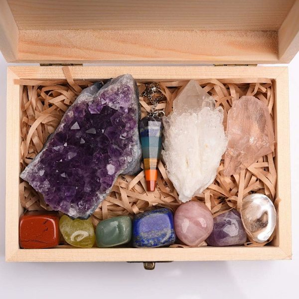 11-delt sett med helbredende krystaller, Chakra-steinsett i gaveeske, naturlig ametystklump, kvartskrystall, mineralprøve, helbredende steiner R