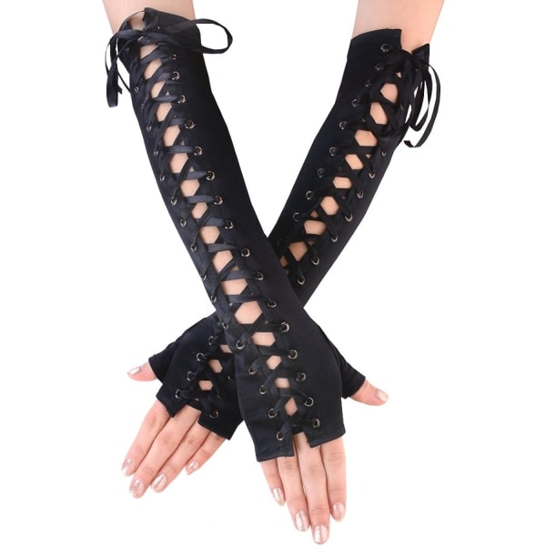 Fingerlösa handskar för kvinnor Armbågssnörning steampunk dräkt armvärmare