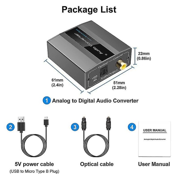 Analog til digital lydkonverter RCA til optisk med optisk kabel lyd digital Toslink og Coaxi